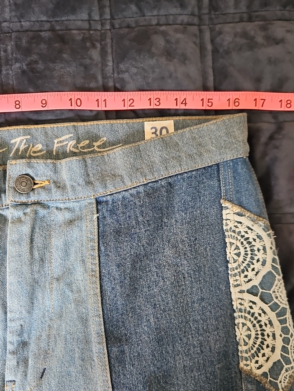 We The Free In My Element Patchwork Lace High Rise Flare Jeans Raw Hem, 30 - Picture 8 of 12
